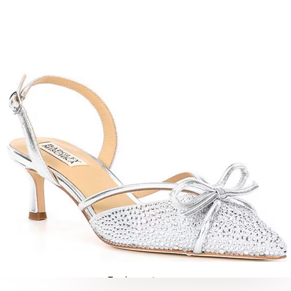 Badgley Mischka Angelina Satin Rhinestone Embellished Bow Slingback Pumps NWOB